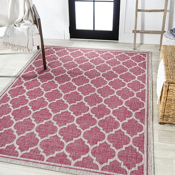Eyely BMS109H-4 Santa Monica Trebol Moroccan Trellis Textured Weave Indoor/Outdoor Area Rug Coastal;Bohemian, Bedroom, Backyard, Patio, Easy-Cleaning, Non-Shedding, 4 X 6, Fuchsia/Light Gray