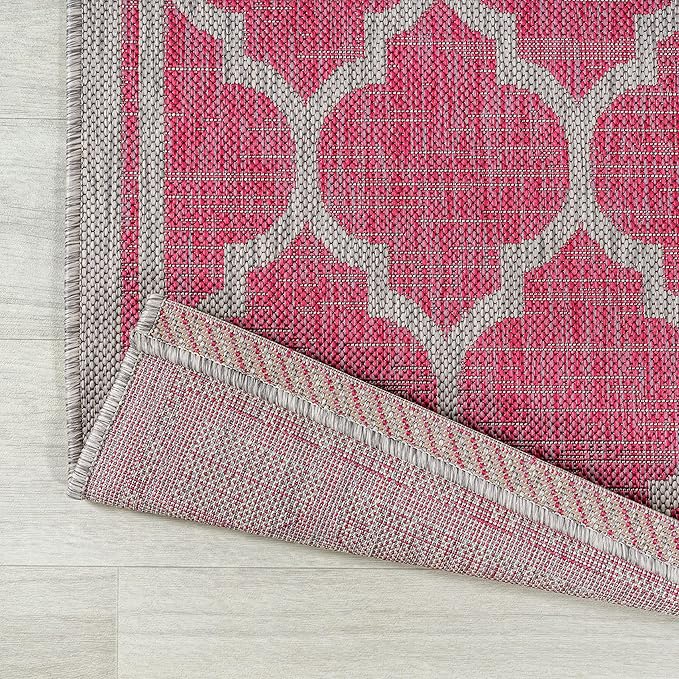 Eyely BMS109H-210 Santa Monica Trebol Moroccan Trellis Textured Weave Indoor/Outdoor Runner Rug Coastal;Bohemian, Bedroom, Backyard, Patio, Easy-Cleaning, Non-Shedding, 2 X 10, Fuchsia/Light Gray