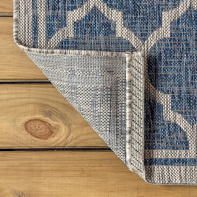 Eyely BMS109D-3R Santa Monica Trebol Moroccan Trellis Textured Weave, Pet Friendly, Non-Shedding, Stain Resistant, Easy-Cleaning, Navy/Gray, 3' Round, Indoor/Outdoor, Area Rug