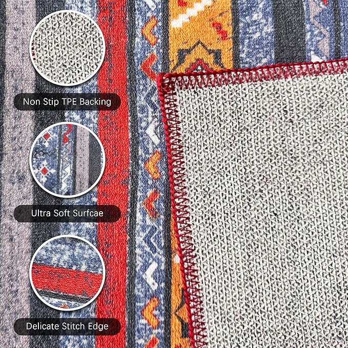 RUGSURE Washable Area Rugs 6' x 9' - 1/6 Thick - Moroccan-Inspired -Stain & Water Resistant Non-Slip - Resistant Rug for Living Room, Bedroom, Nursery, Pet & Child Friendly (Blue and Red)