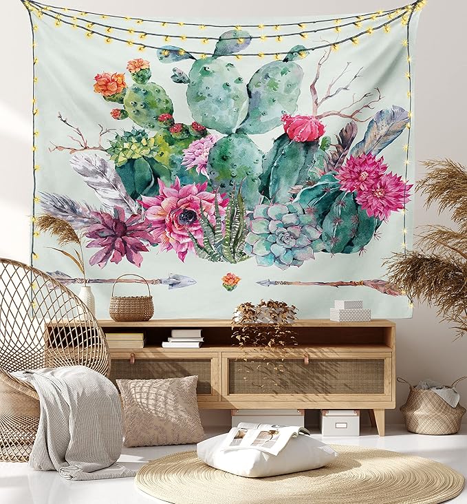 Ambesonne Cactus Tapestry, Spring Garden Boho Style Bouquet of Thorny Plants Blossoms Arrows Feathers, Wall Hanging for Bedroom Living Room Dorm Decor, 40" X 60", Rose Green Brown