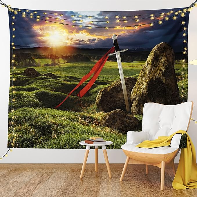 Ambesonne King Tapestry King Size, Arthur Camelot Myth in England Ireland Fields Invincible Myth Image, Wall Hanging Bedspread Bed Cover Wall Decor, 104" X 88", Green Blue Red