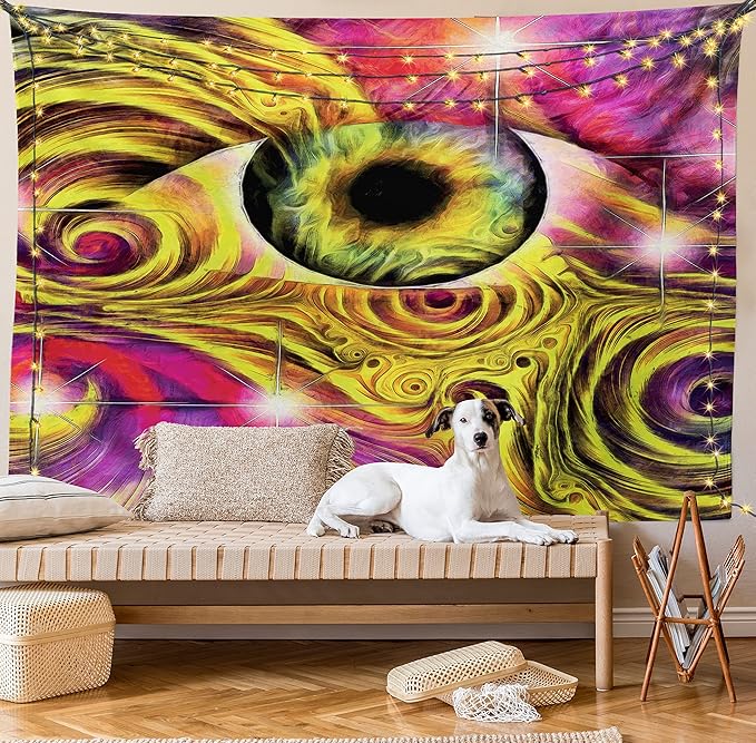 Ambesonne Psychedelic Tapestry, Hippie Hallucinatory Eye in Vivid Colors with Optical Swirl Lines Graphic, Fabric Wall Hanging Decor for Bedroom Living Room Dorm, 45" X 30", Fuchsia Yellow
