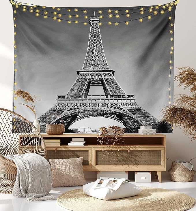 Ambesonne Eiffel Tower Tapestry King Size, Paris Landmark Monochrome Picture of Cityscape European Urban Famous Place Image, Wall Hanging Bedspread Bed Cover Wall Decor, 104" X 88", Grey