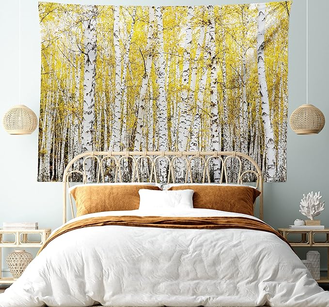 Ambesonne Forest Tapestry King Size, Autumn Birch Forest Golden Yellow Leaves Woodland October Seasonal Nature Picture, Wall Hanging Bedspread Bed Cover Wall Decor, 104" X 88", Yellow Grey