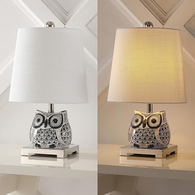 JONATHAN Y 16" Black/White Ceramic Owl Mini Table Lamp for Bedroom or Office, Modern Farmhouse Nightstand Lamp with White Linen Shade, LED Bulb Included (JYL3014C)