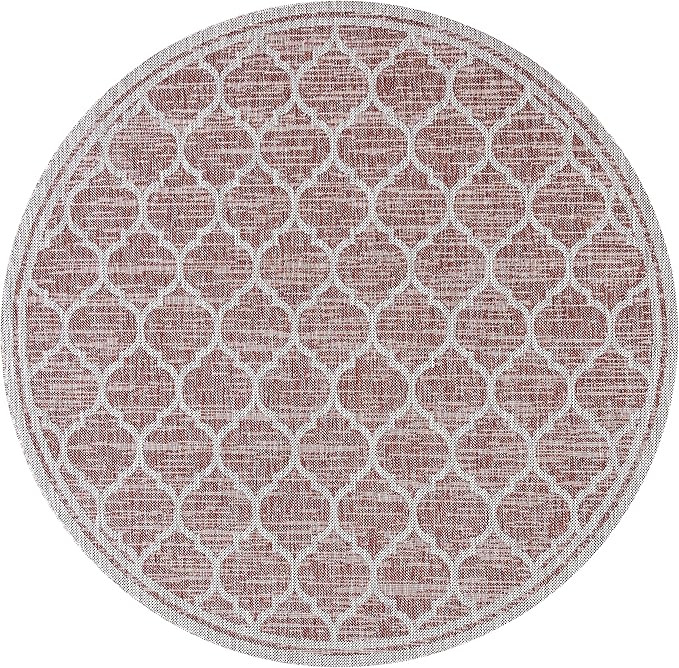 Eyely BMS109C-3R Santa Monica Trebol Moroccan Trellis Textured Weave, Pet Friendly, Non-Shedding, Stain Resistant, Easy-Cleaning, Red/Beige, 3' Round, Indoor/Outdoor, Area Rug