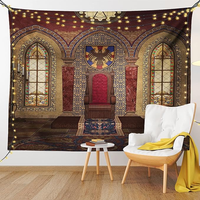 Ambesonne Gothic Tapestry, Red Medieval in Chapel Eagle Portrait on Wall Fantasy Building Print, Fabric Wall Hanging Decor for Bedroom Living Room Dorm, 45" X 30", Brown Ruby