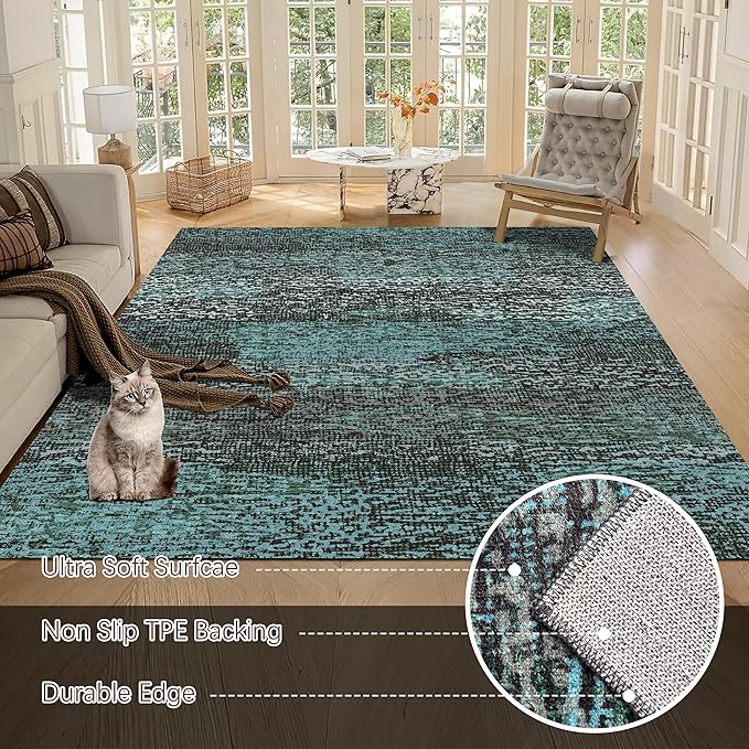 RUGSURE Washable Area Rug - 1/6 Thick - Stain & Water Resistant Non-Slip - Resistant Rug for Living Room, Bedroom, Nursery, Pet & Child Friendly, Vintage Charm Area Rugs (Green, 4' x 6')