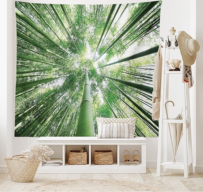 Ambesonne Forest Tapestry King Size, Tropical Rain Forest Tall Trees in Exotic Style Nature Theme Image Sky from Woodland, Wall Hanging Bedspread Bed Cover Wall Decor, 23" X 28", Green