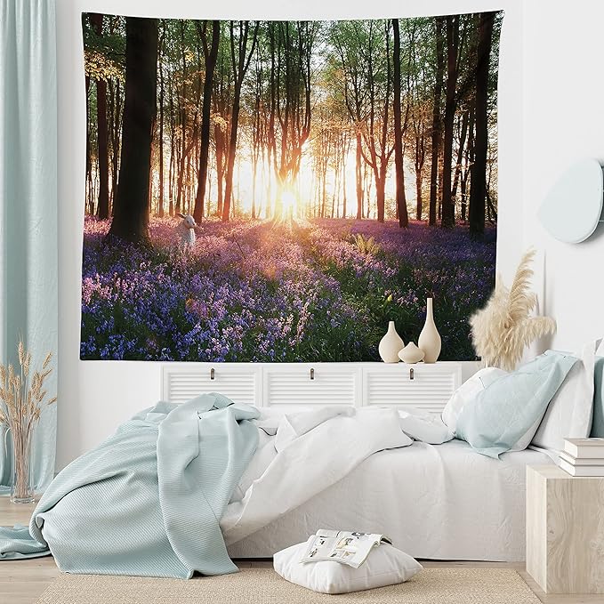 Ambesonne Forest Tapestry King Size, Bluebell Woods Sunrise with White Rabbit Sunny Spring Day in Woodland, Wall Hanging Bedspread Bed Cover Wall Decor, 104" X 88", Purple Green