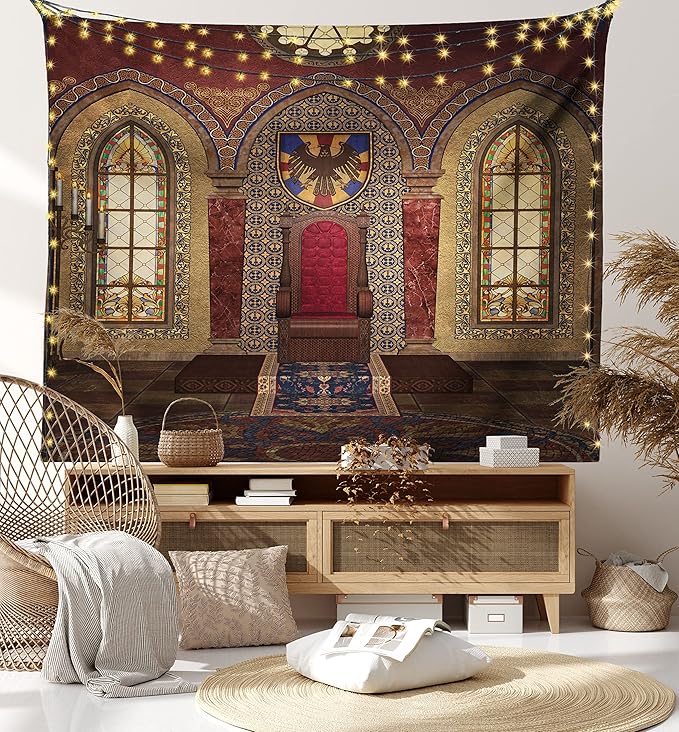 Ambesonne Gothic Tapestry, Red Medieval in Chapel Eagle Portrait on Wall Fantasy Building Print, Fabric Wall Hanging Decor for Bedroom Living Room Dorm, 45" X 30", Brown Ruby
