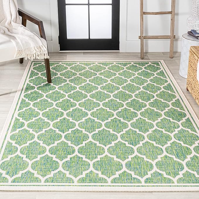 Eyely BMS109I-5 Santa Monica Trebol Moroccan Trellis Textured Weave Indoor/Outdoor Area Rug Coastal;Bohemian, Bedroom, Backyard, Patio, Easy-Cleaning, Non-Shedding, 5 X 8, Cream/Green