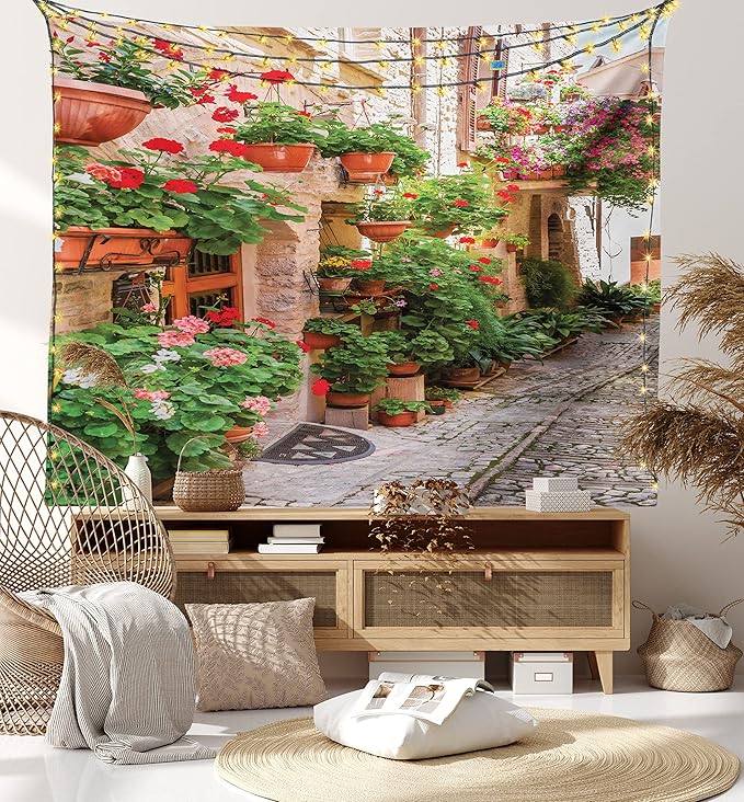 Ambesonne Italian Tapestry King Size, Street View of a Small Renaissance Town with Floral Porches and Rock Mediterranean, Wall Hanging Bedspread Bed Cover Wall Decor, 104" X 88", Pale Brown