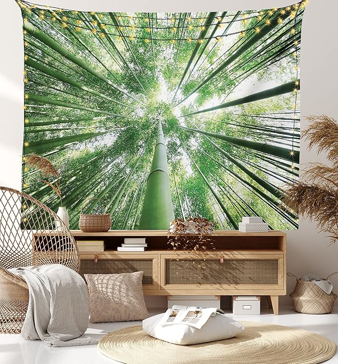 Ambesonne Forest Tapestry King Size, Tropical Rain Forest Tall Trees in Exotic Style Nature Theme Image Sky from Woodland, Wall Hanging Bedspread Bed Cover Wall Decor, 68" X 88", Green