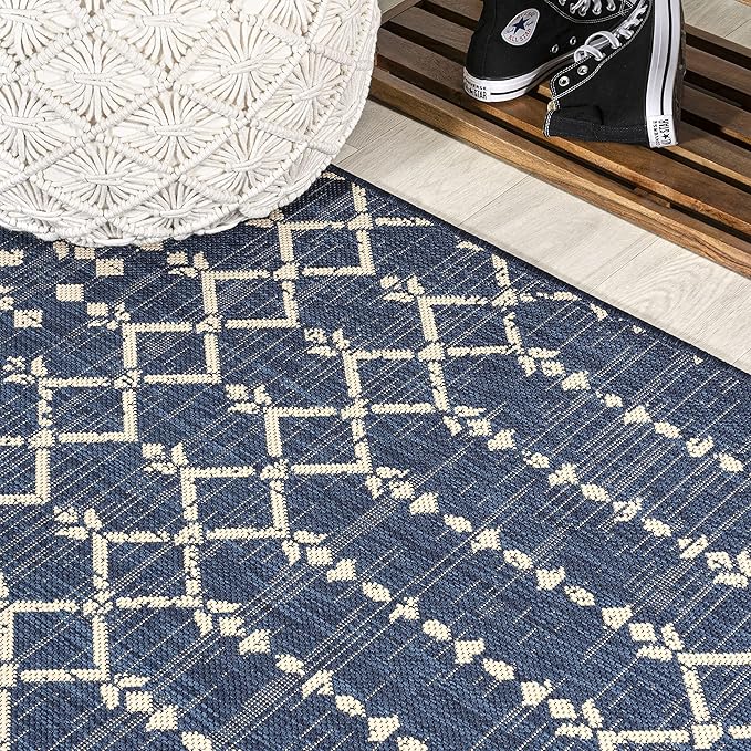 JONATHAN Y SMB108K-8SQ Ourika Moroccan Geometric Textured Weave Navy/Beige 8' Square Indoor/Outdoor Area Rug, Pet Friendly, Non-Shedding, Stain Resistant, Easy-Cleaning for Backyard, Patio, Porch