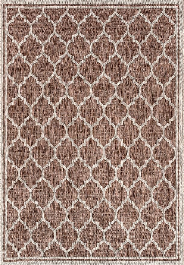Eyely BMS109B-4 Santa Monica Trebol Moroccan Trellis Textured Weave Indoor/Outdoor Area Rug Coastal;Bohemian, Bedroom, Backyard, Patio, Easy-Cleaning, Non-Shedding, 4 X 6, Espresso/Taupe