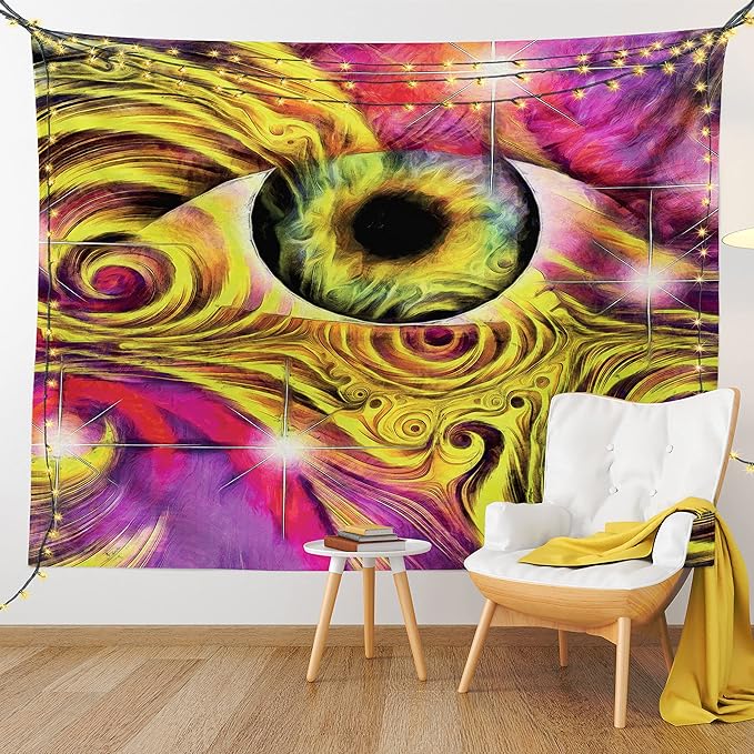 Ambesonne Psychedelic Tapestry, Hippie Hallucinatory Eye in Vivid Colors with Optical Swirl Lines Graphic, Fabric Wall Hanging Decor for Bedroom Living Room Dorm, 45" X 30", Fuchsia Yellow