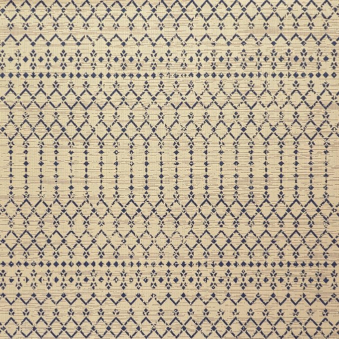 JONATHAN Y SMB108H-8SQ Ourika Moroccan Geometric Textured Weave Beige/Navy 8' Square Indoor/Outdoor Area Rug, Pet Friendly, Non-Shedding, Stain Resistant, Easy-Cleaning for Backyard, Patio, Porch