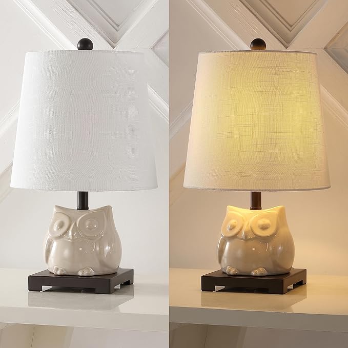 JONATHAN Y 16" Antique White Ceramic Owl Mini Table Lamp for Bedroom or Office, Modern Farmhouse Nightstand Lamp with White Linen Shade, LED Bulb Included (JYL3014B)