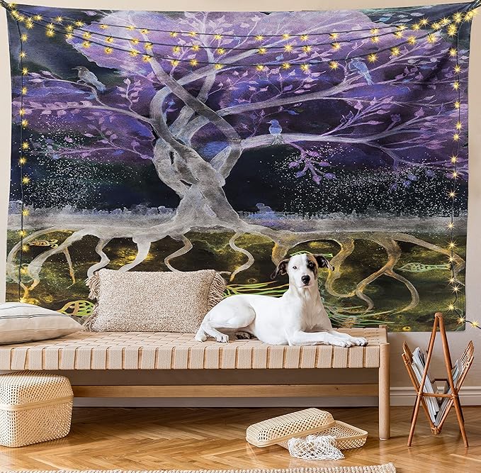 Ambesonne Tree of Life Tapestry Twin Size, Psychedelic Mysterious Nature at Night Birds and Fishes Home Art, Wall Hanging Bedspread Bed Cover Wall Decor, 68" X 88", Purple Black