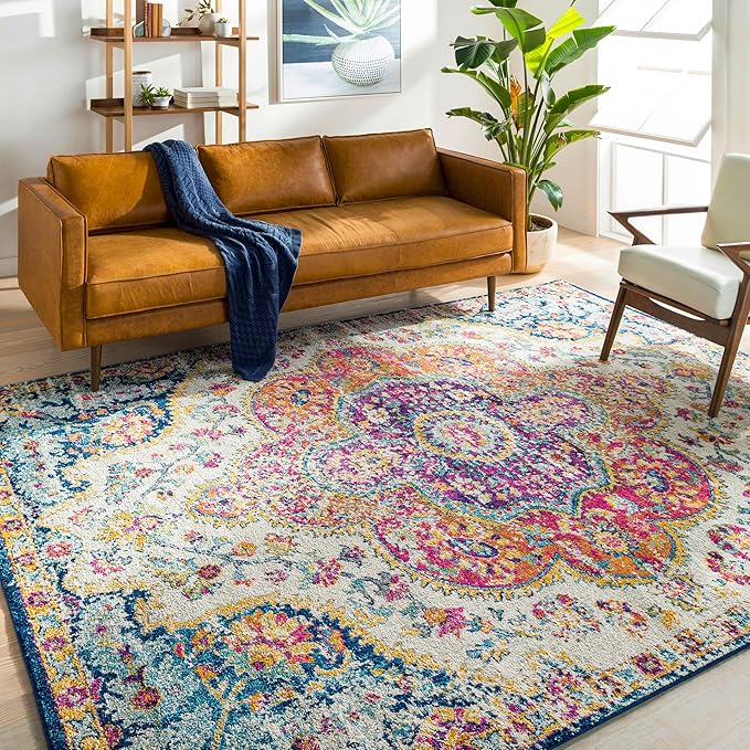 Livabliss Area Rugs - 7x7 Romaine Vintage Boho Fuchsia Mustard Blue Square Area Rug for Living Room Bedroom - Floral Medallion Stain Resistant Carpet for Kitchen, Nursery, Office (6'7" Square)