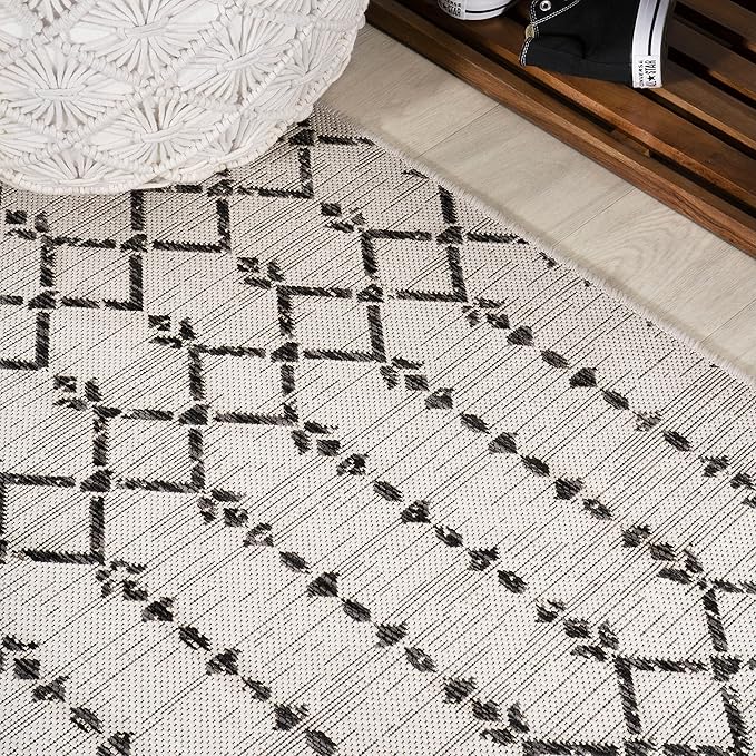 JONATHAN Y SMB108I-9SQ Ourika Moroccan Geometric Textured Weave Cream/Black 9' Square Indoor/Outdoor Area Rug, Pet Friendly, Non-Shedding, Stain Resistant, Easy-Cleaning for Backyard, Patio, Porch
