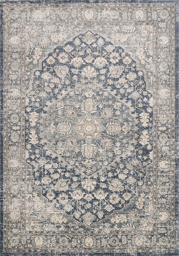 Loloi Teagan Collection TEA-01 Denim/Mist 6'-7" x 9'-2" Area Rug, Large, Soft Neutral Rug, High-Traffic for Living Room, Bedroom, Home Office, Dining Area