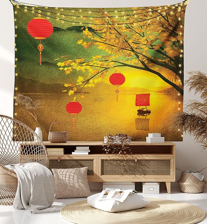 Ambesonne Oriental Tapestry King Size, Traditional Chinese Folk Hanging from Pale Fall Trees Lake Faded Nature Photo, Wall Hanging Bedspread Bed Cover Wall Decor, 104" X 88", Yellow Green