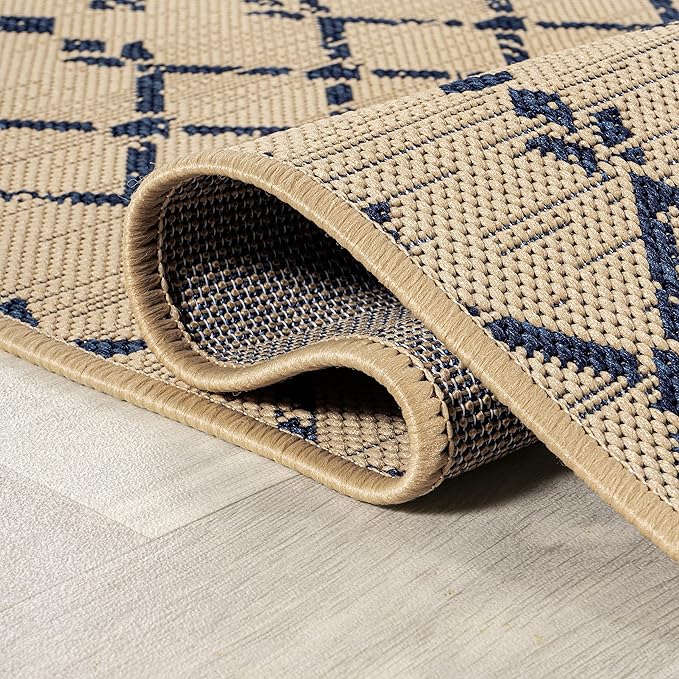JONATHAN Y SMB108H-8SQ Ourika Moroccan Geometric Textured Weave Beige/Navy 8' Square Indoor/Outdoor Area Rug, Pet Friendly, Non-Shedding, Stain Resistant, Easy-Cleaning for Backyard, Patio, Porch