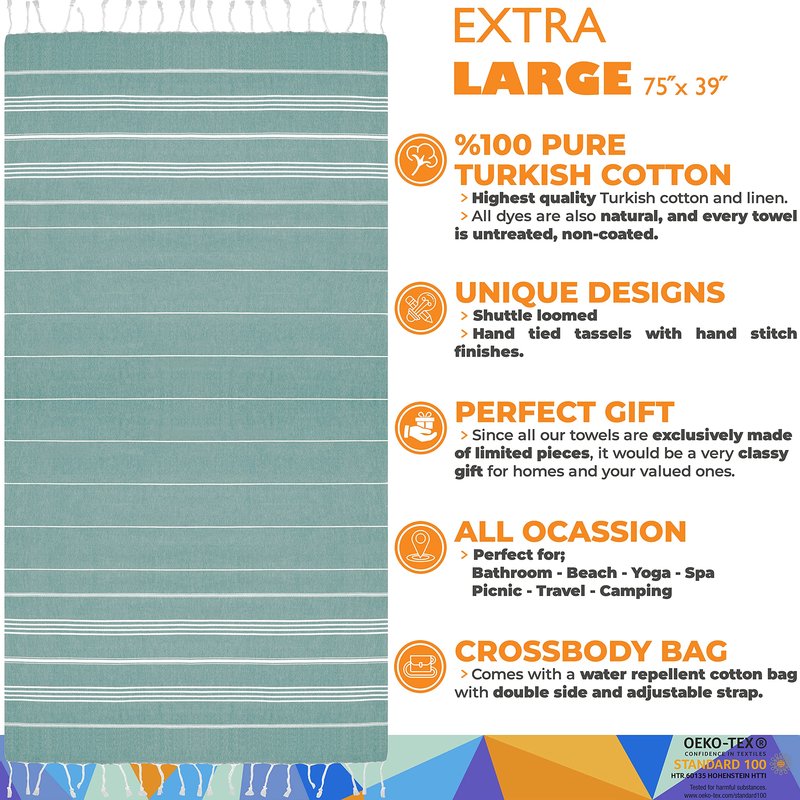 Madamelique Turkish Beach Towel with Beach Bag - 39 x 74 - Prewashed Beach Towels Oversized -%100Cotton - Quick Dry - Sand Free - Hand Loomed Turkish Bath Towels - Unique Absorbent Towel (Teal)