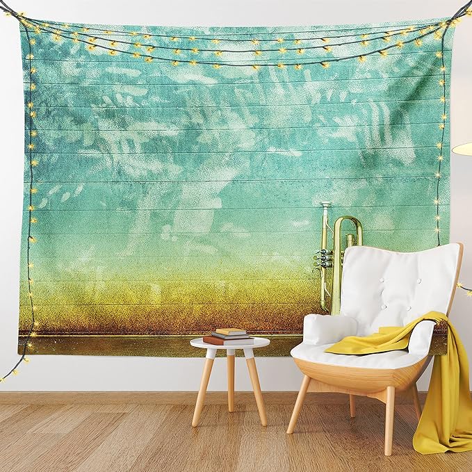 Ambesonne Music Tapestry, Old Aged Worn Single Trumpet Stands Alone Against a Faded Wall Jazz Theme Photo, Fabric Wall Hanging Decor for Bedroom Living Room Dorm, 23" X 28", Teal Brown