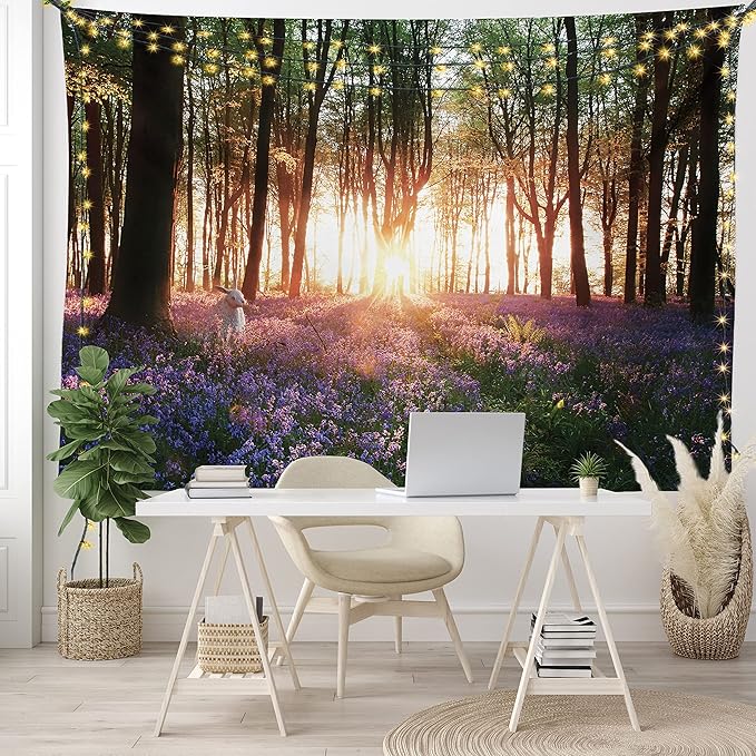 Ambesonne Forest Tapestry King Size, Bluebell Woods Sunrise with White Rabbit Sunny Spring Day in Woodland, Wall Hanging Bedspread Bed Cover Wall Decor, 104" X 88", Purple Green