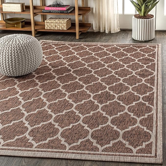Eyely BMS109B-4 Santa Monica Trebol Moroccan Trellis Textured Weave Indoor/Outdoor Area Rug Coastal;Bohemian, Bedroom, Backyard, Patio, Easy-Cleaning, Non-Shedding, 4 X 6, Espresso/Taupe