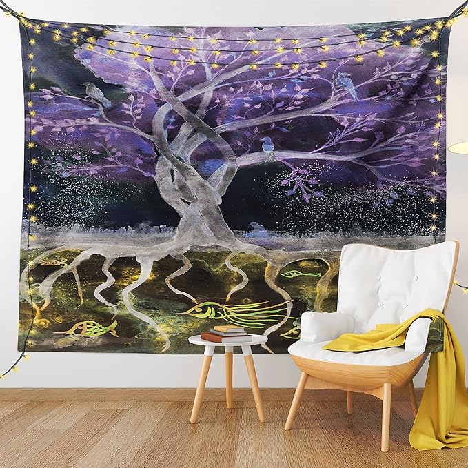 Ambesonne Tree of Life Tapestry Twin Size, Psychedelic Mysterious Nature at Night Birds and Fishes Home Art, Wall Hanging Bedspread Bed Cover Wall Decor, 68" X 88", Purple Black