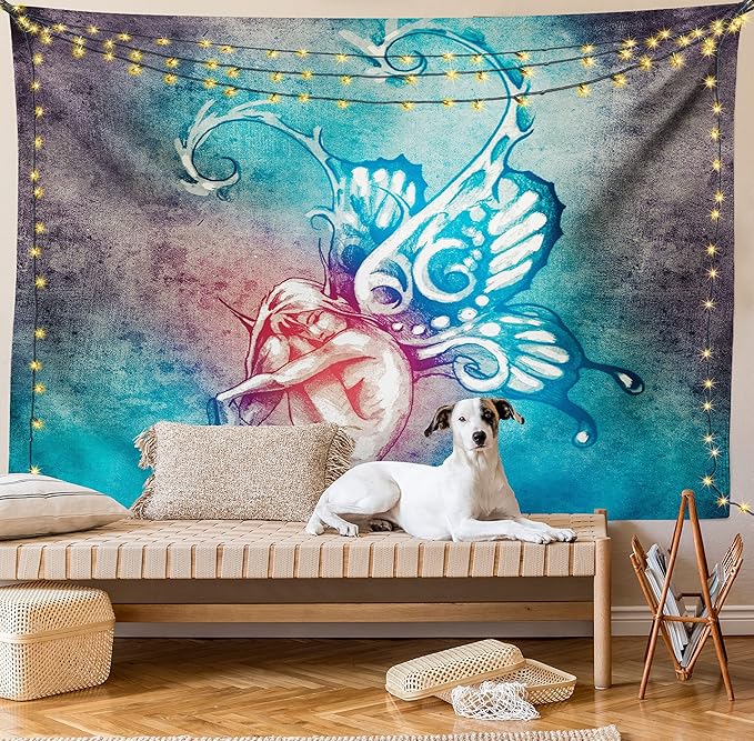 Ambesonne Butterfly Tapestry, with Butterfly Wings Renewal Female Rebirth Psyche Lightness of Being, Fabric Wall Hanging Decor for Bedroom Living Room Dorm, 23" X 28", Blue Purple