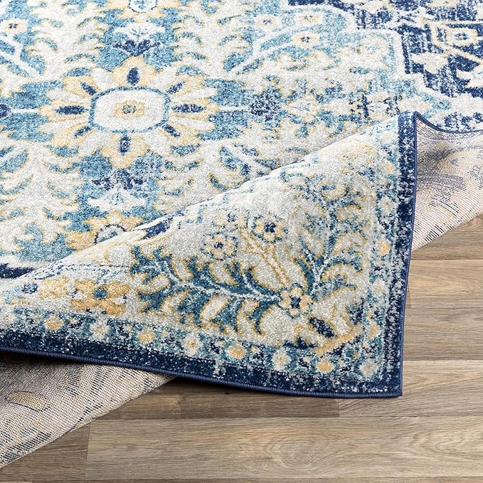 Livabliss Area Rugs - 5x7 Odelia Vintage Boho Blue Aqua Slate Area Rug for Living Room Bedroom - Floral Medallion Stain Resistant Carpet for Kitchen, Nursery, Office (5'3" x 7'3")
