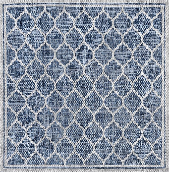Eyely BMS109D-6SQ Santa Monica Trebol Moroccan Trellis Textured Weave, Pet Friendly, Non-Shedding, Stain Resistant, Easy-Cleaning, Navy/Gray, 6' Square, Indoor/Outdoor, Area Rug