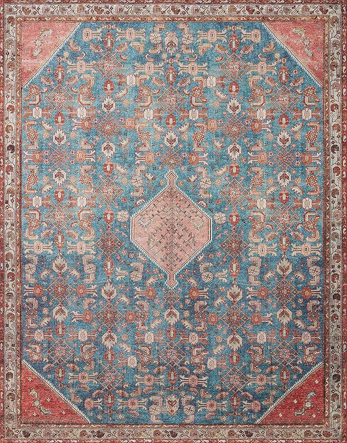 Loloi Layla Collection LAY-10 Marine/Clay 2'-0" x 5'-0" .13" Thick Accent Rug, Soft, Durable, Vintage Inspired, Distressed, Low Pile, Non-Shedding, Easy Clean, Printed, Living Room Rug