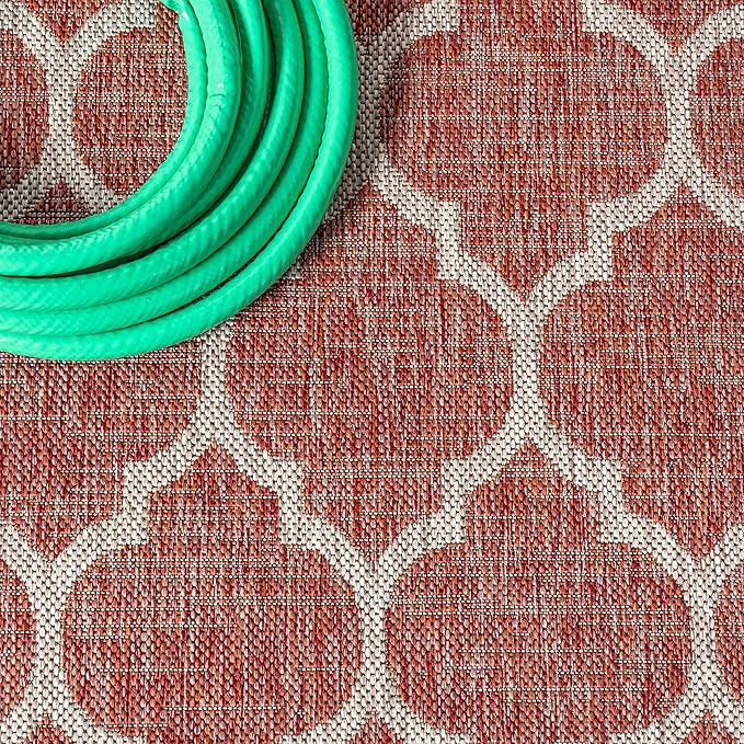 Eyely BMS109C-6SQ Santa Monica Trebol Moroccan Trellis Textured Weave, Pet Friendly, Non-Shedding, Stain Resistant, Easy-Cleaning, Red/Beige, 6' Square, Indoor/Outdoor, Area Rug