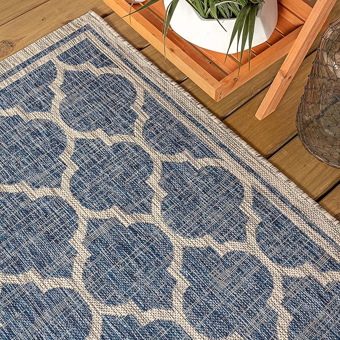 Eyely BMS109D-5SQ Santa Monica Trebol Moroccan Trellis Textured Weave Indoor/Outdoor Area Rug Coastal;Bohemian, Bedroom, Backyard, Patio, Easy-Cleaning, Non-Shedding, 5' Square, Navy/Gray
