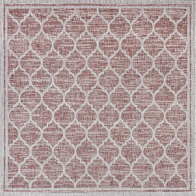 Eyely BMS109C-3SQ Santa Monica Trebol Moroccan Trellis Textured Weave, Pet Friendly, Non-Shedding, Stain Resistant, Easy-Cleaning, Red/Beige, 3' Square, Indoor/Outdoor, Area Rug