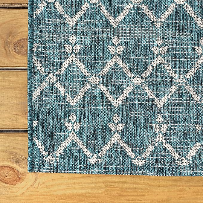 JONATHAN Y SMB108C-5SQ Ourika Moroccan Geometric Textured Weave Indoor Outdoor Area Rug, Bohemian, Rustic, Scandinavian Easy-Cleaning,Bedroom,Kitchen,Backyard,Patio,Non Shedding, Teal/Gray, 5' Square