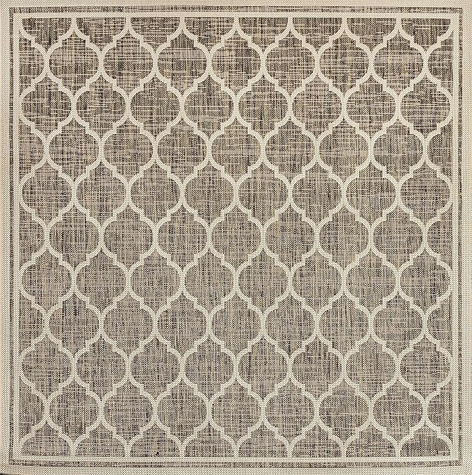 Eyely BMS109A-4SQ Santa Monica Trebol Moroccan Trellis Textured Weave, Pet Friendly, Non-Shedding, Stain Resistant, Easy-Cleaning, Brown/Beige, 4' Square, Indoor/Outdoor, Area Rug