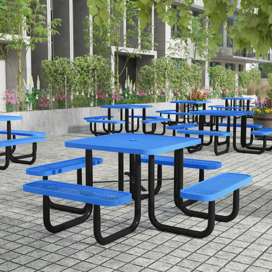 Flash Furniture 46" Square Outdoor Picnic Table with Commercial Heavy Gauge Expanded Metal Mesh Seats and Top with Umbrella Hole and Ground Anchors, Blue