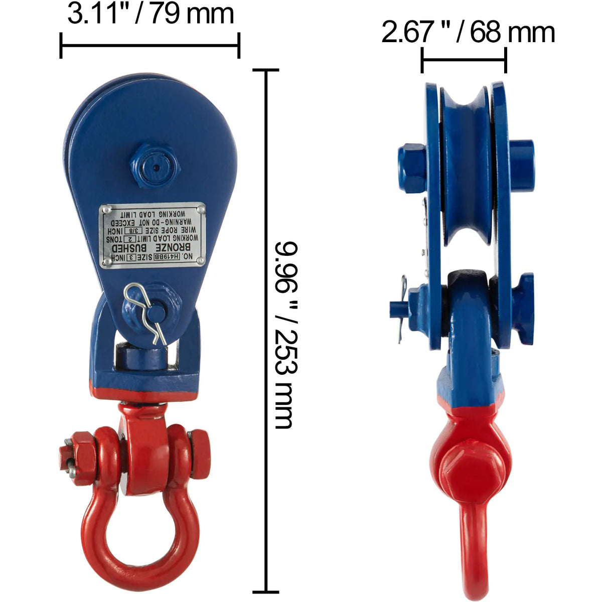 2Ton 4400LBS 3Inch Snatch Block with Chain Rigging Swivel Sheave Block 3/8 Inch Tow Lift Cable Heavy Duty for Industries