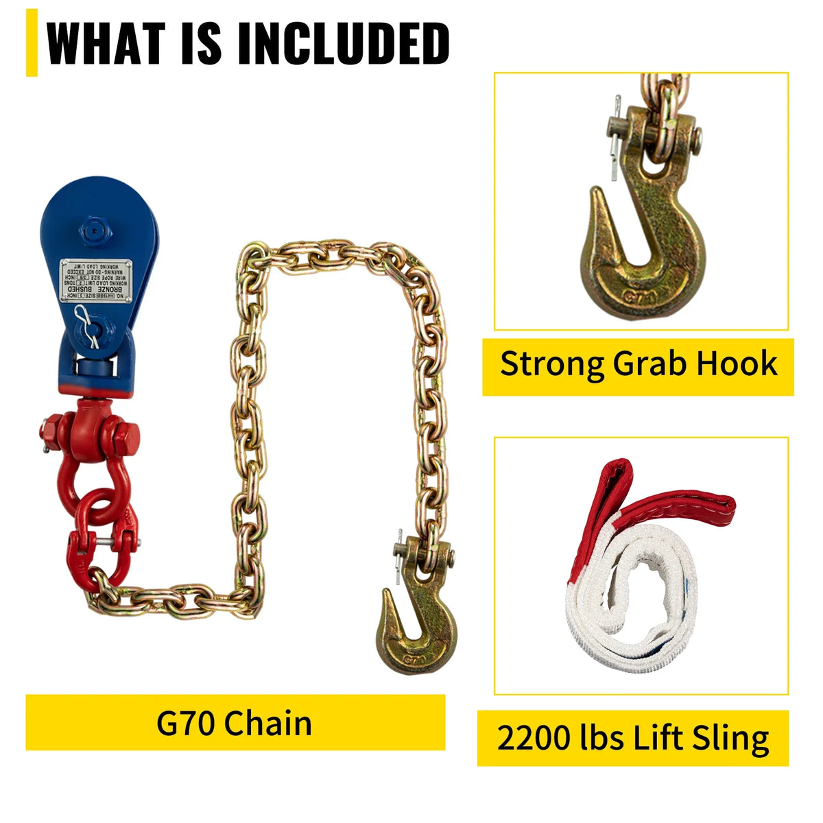 2Ton 4400LBS 3Inch Snatch Block with Chain Rigging Swivel Sheave Block 3/8 Inch Tow Lift Cable Heavy Duty for Industries