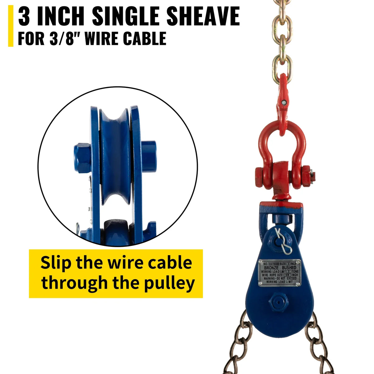 2Ton 4400LBS 3Inch Snatch Block with Chain Rigging Swivel Sheave Block 3/8 Inch Tow Lift Cable Heavy Duty for Industries