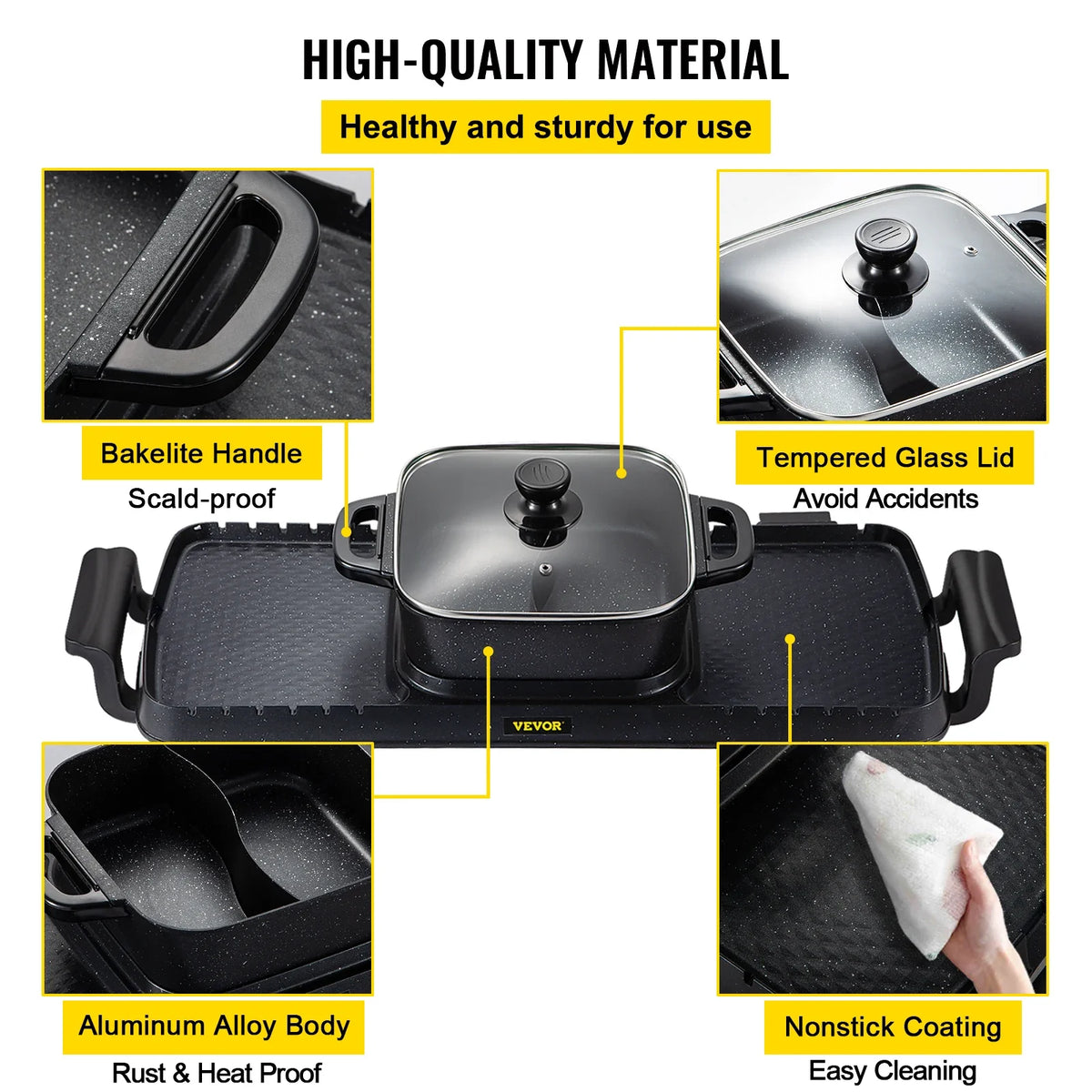 2in1 Electric BBQ Pan Grill Hot Pot 2400W Multifunction Home Portable Smokeless Nonstick Detachable Hot Pot Barbecue Plate