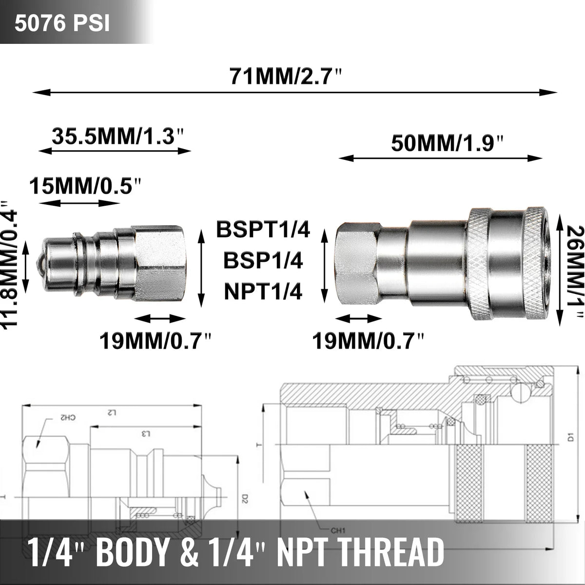 2 Pairs Hydraulic Coupler Quick Connect Coupling Pioneer Ball 1/4" Body & NPT Thread Flat Face for Most Skid Steer Loaders